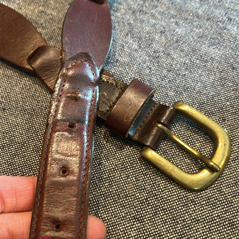 Vtg woven braided brown leather belt/boho/hippie leather link belt Brass Buckle